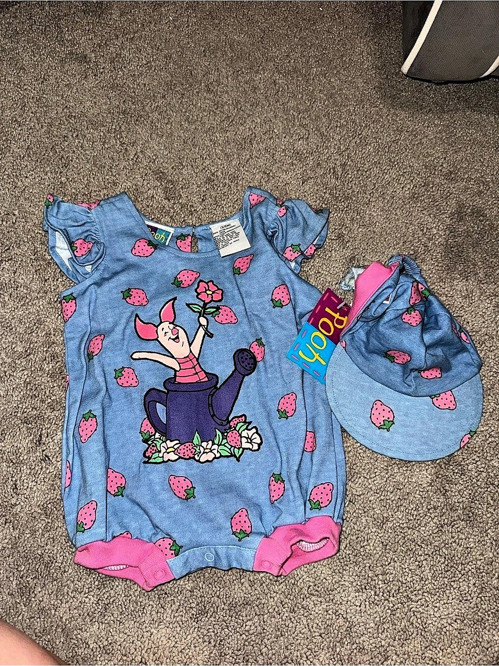 VINTAGE Pooh Baby Strawberry Romper with Hat Blue Size 3/6M NWT